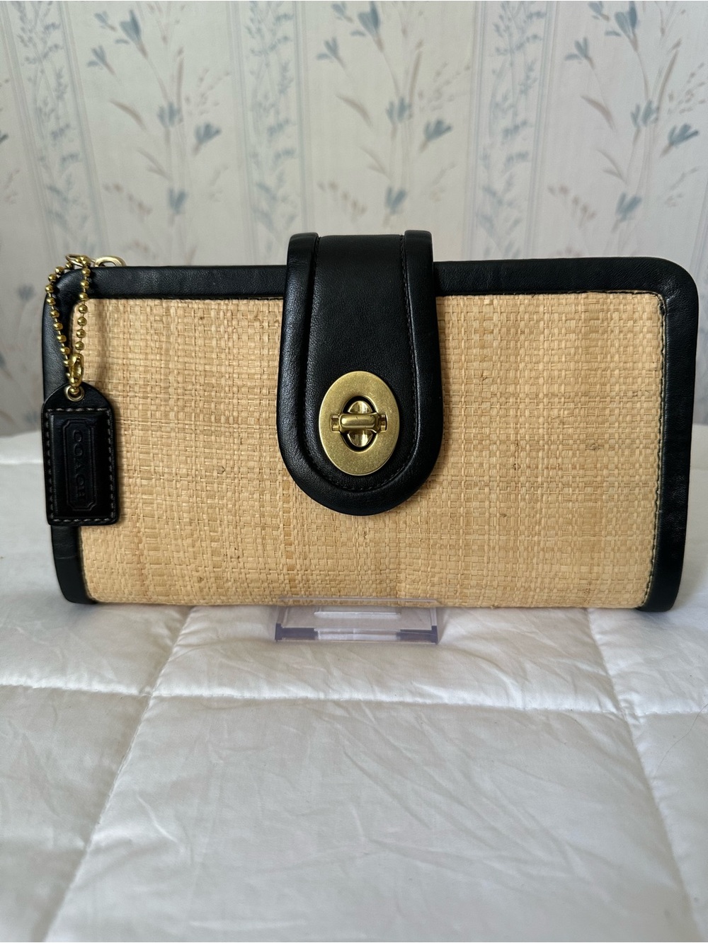 Coach Parker Straw & Black Leather Clutch
